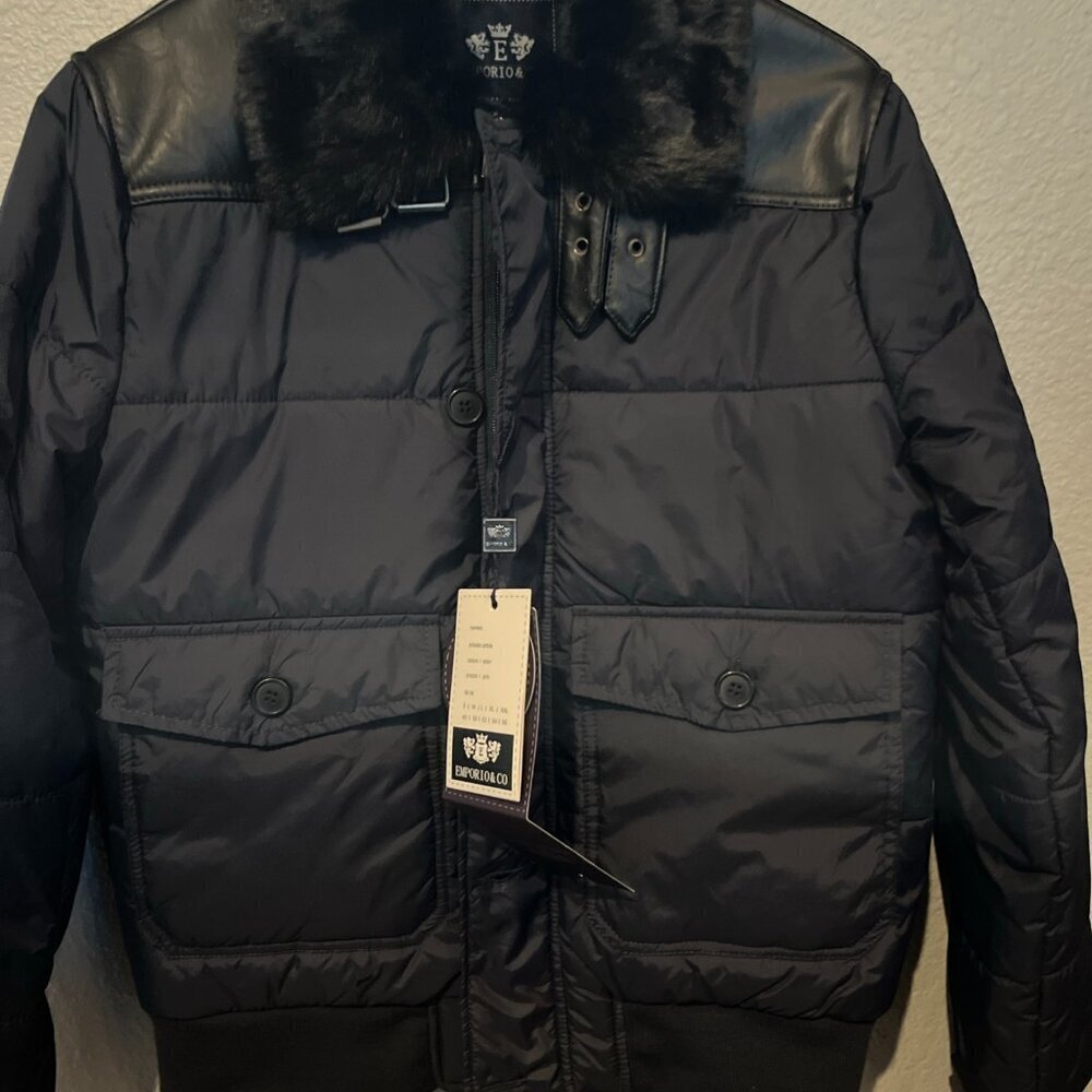 EMPORIO & CO.Bomber Police Moto Cop Puffer Jacket Navy & Black Fur Collar NWT -L